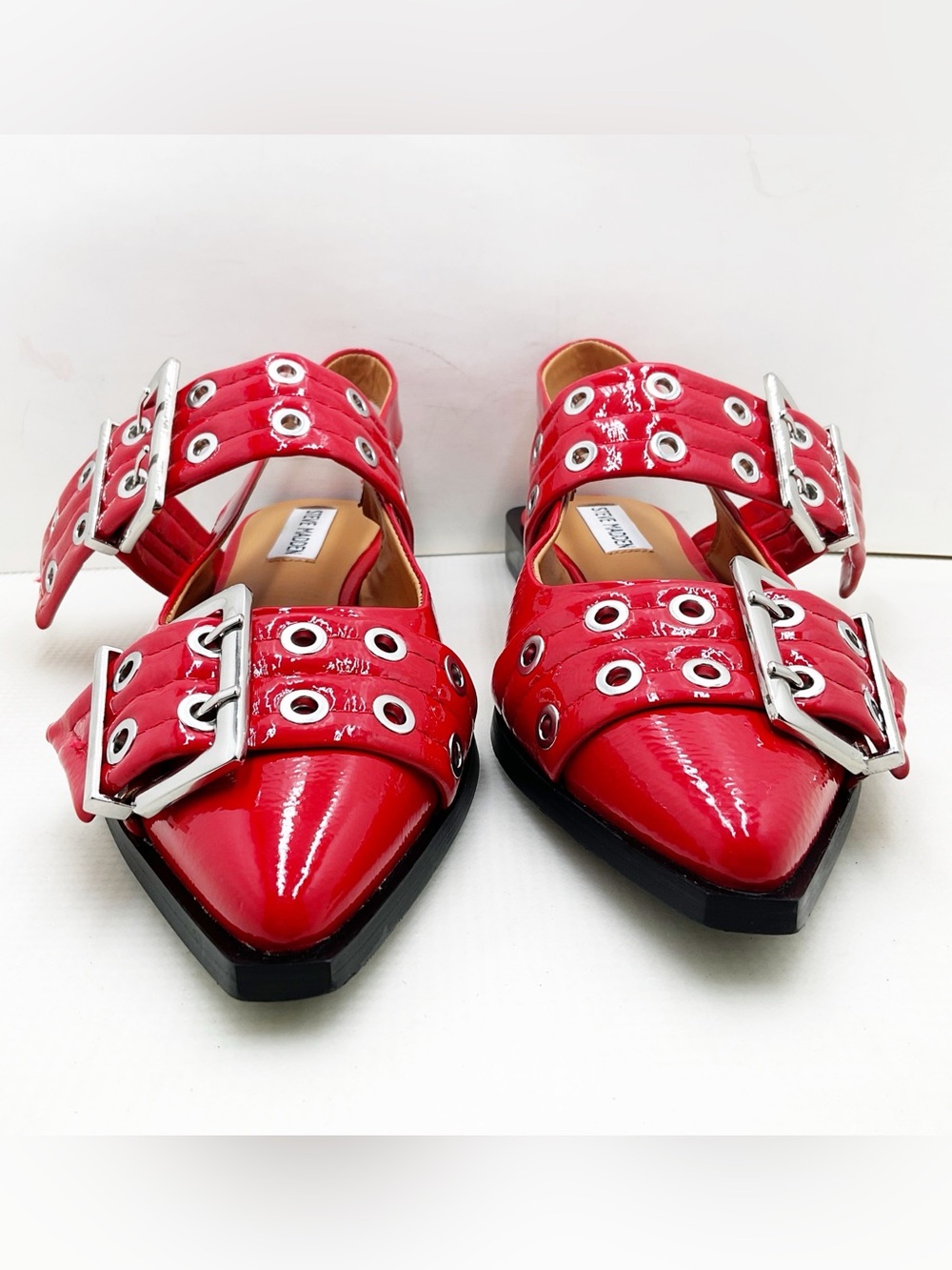 {Steve Madden} Graya Red Patent Studded Buckle Slingback Flats - Picture 9 of 16